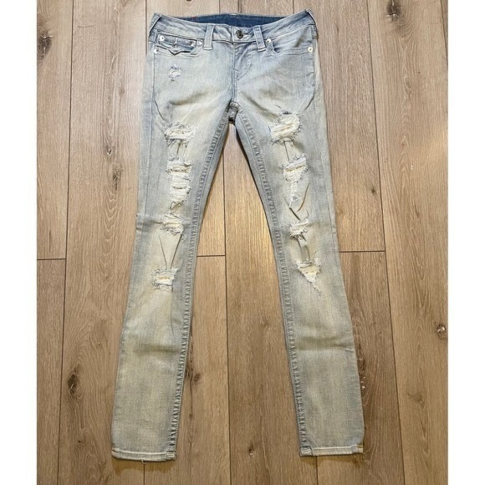 True Religion Y2K Curvy Skinny Jeans Light Wash Distressed Ripped Denim 29/8